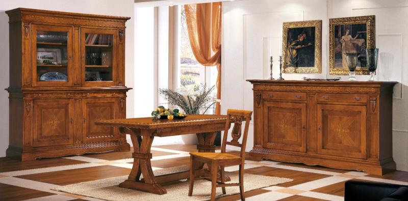 CRISTALLIERA DUE PORTE CON INTARSIO CREDENZONE DUE PORTE DUE CASSETTI FINITURA BASSANO TAVOLO FIOCCO FINITURA BASSANO