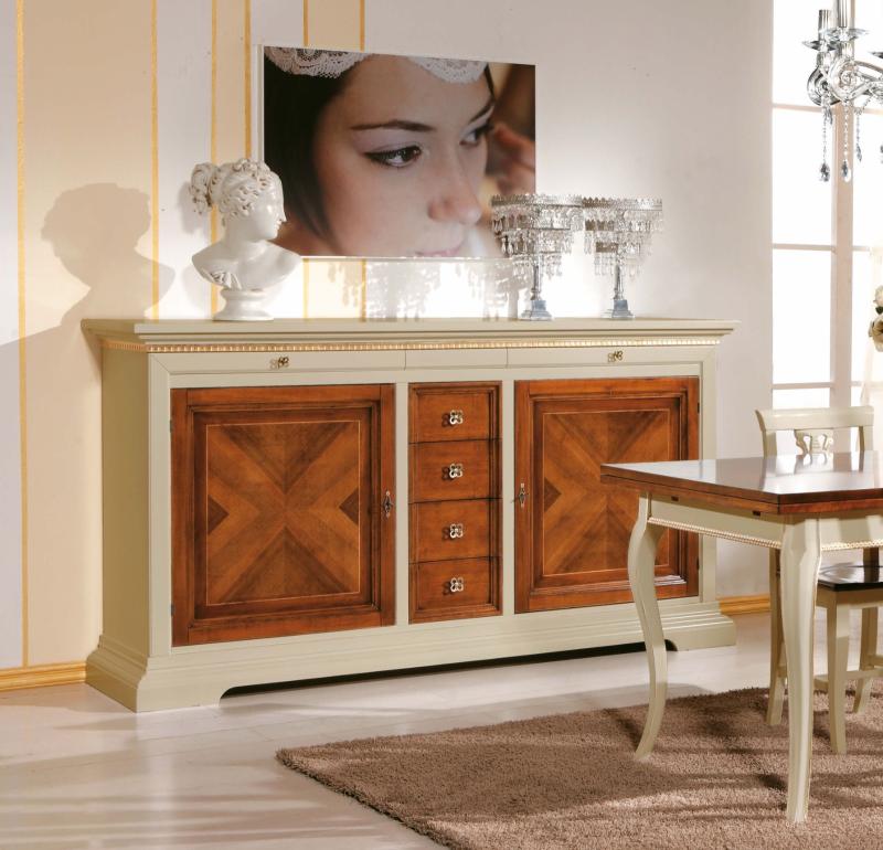 CREDENZONE 2 PORTE 4 CASSETTI FINITURA AVORIO NOCE GRANO