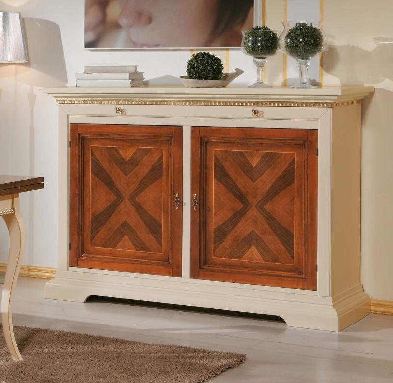CREDENZA 2 PORTE FINITURA AVORIO NOCE GRANO E DETTAGLI ORO