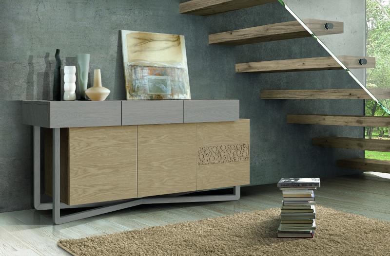 CREDENZA TRE PORTE  TRE CASSETTI IN FRASSINO CON GUIDE AMMORTIZZATE A BASE INTRECIATA