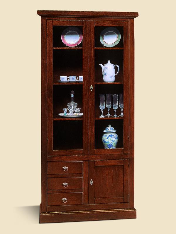Vetrina-Libreria  tre porte tre cassetti in legno noce arte povera